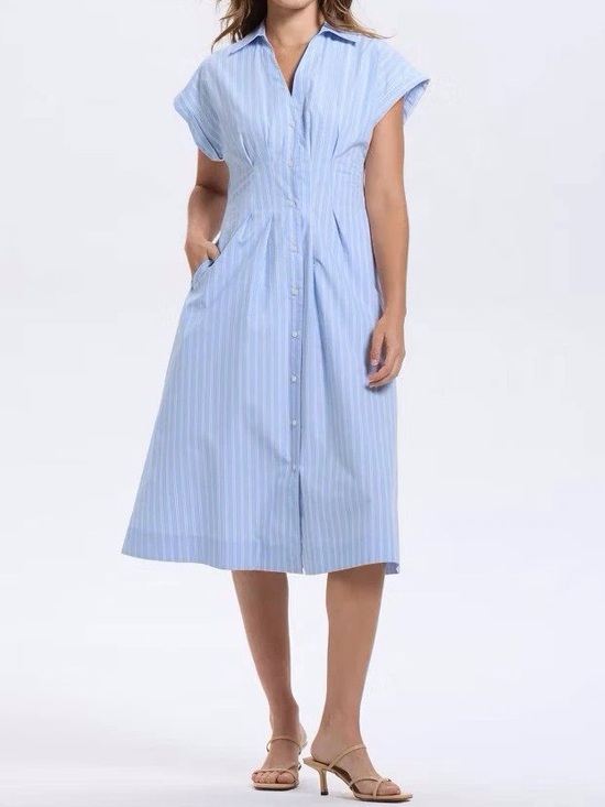 Dresses & Skirts - Striped Light Blue Midi Shirt Dress with Button Front